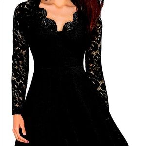 Black Vintage Floral Lace V-Neck Dress